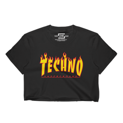 "TECHNO" Flames Women's Cropped T-Shirt (Black)