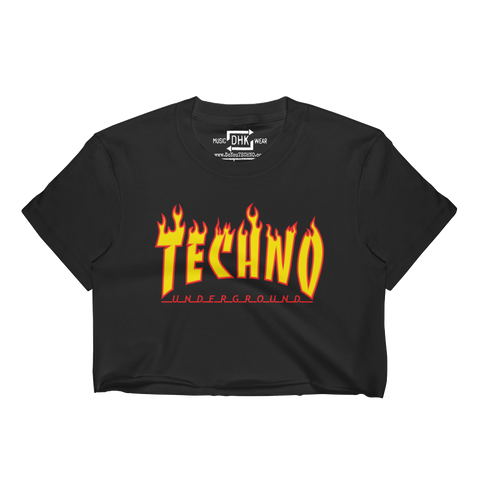 "TECHNO" Flames Women's Cropped T-Shirt (Black)