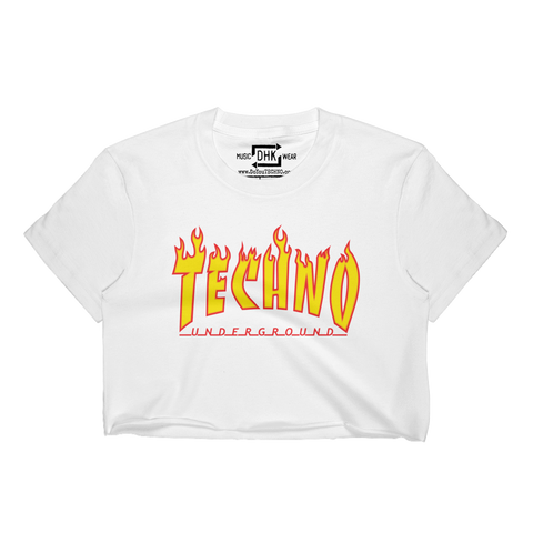 "TECHNO" Flames Women's Cropped T-Shirt ? (White)